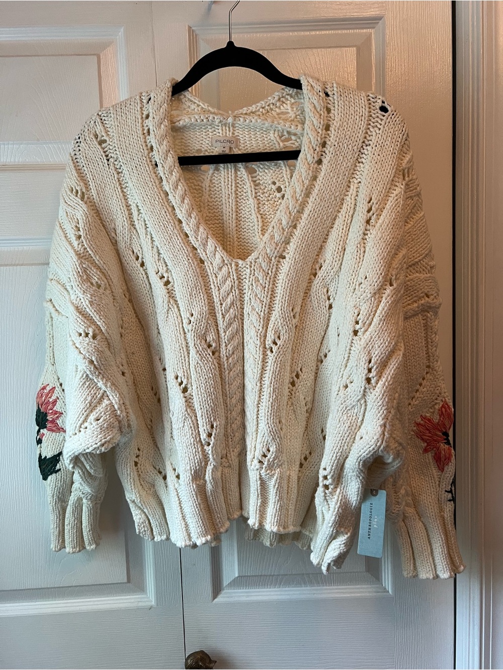 Pilcro Cream Cable Knit V-Neck Sweater with Floral Sleeve Embroidery